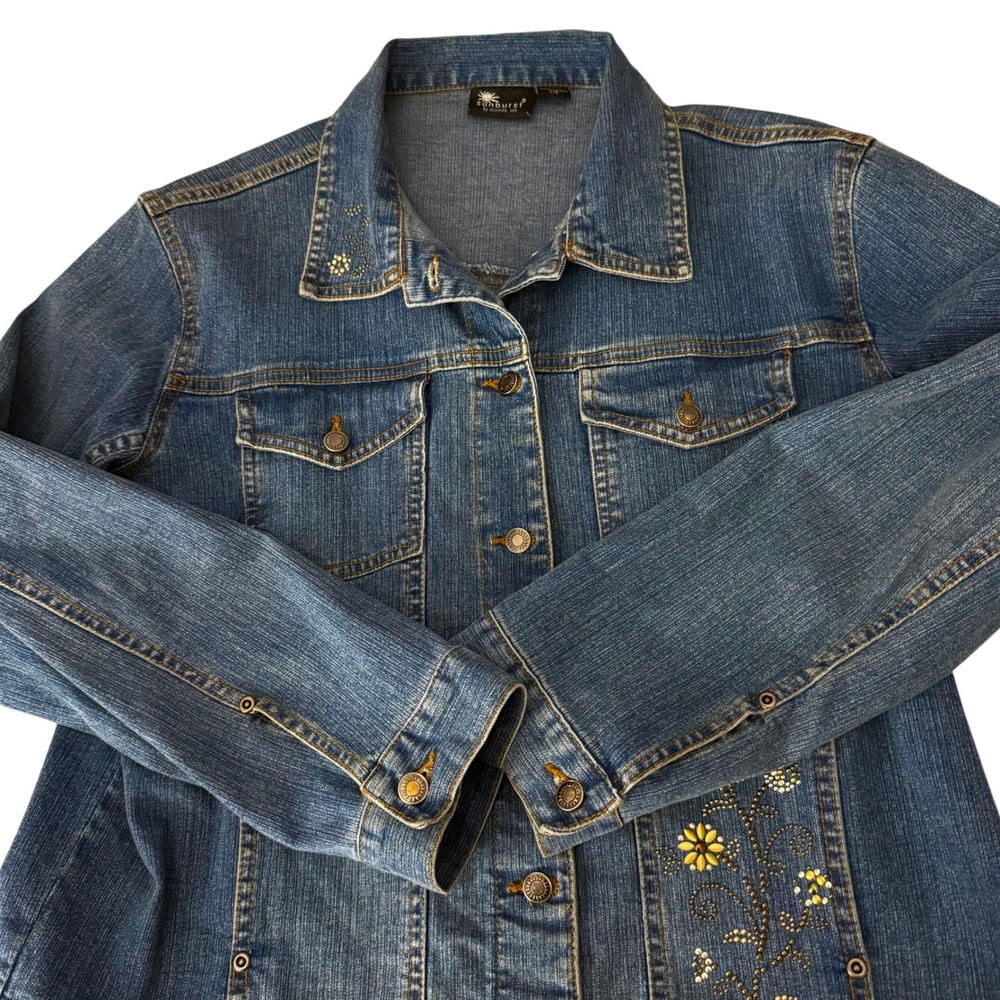 90's Sunburst Denim Jacket Women L Blue Floral Studded Rhinestone Trucker Coat - Picture 4 of 16